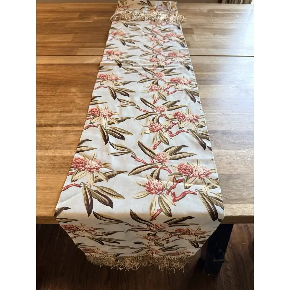 Vintage Nick and Nora Tropical Floral Table Runner Fringe Muted Color Home Decor